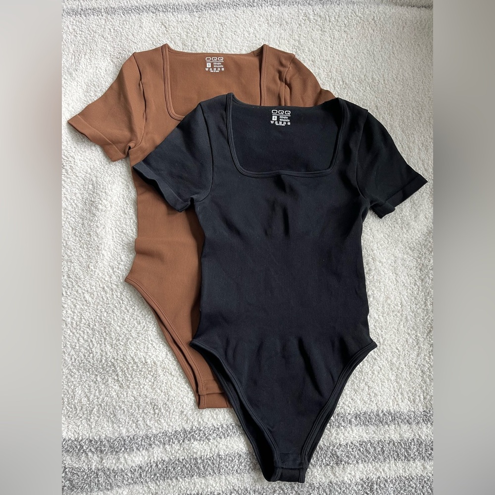 OQQ Ribbed Square Neck Short Sleeve Bodysuits Set - Size Small